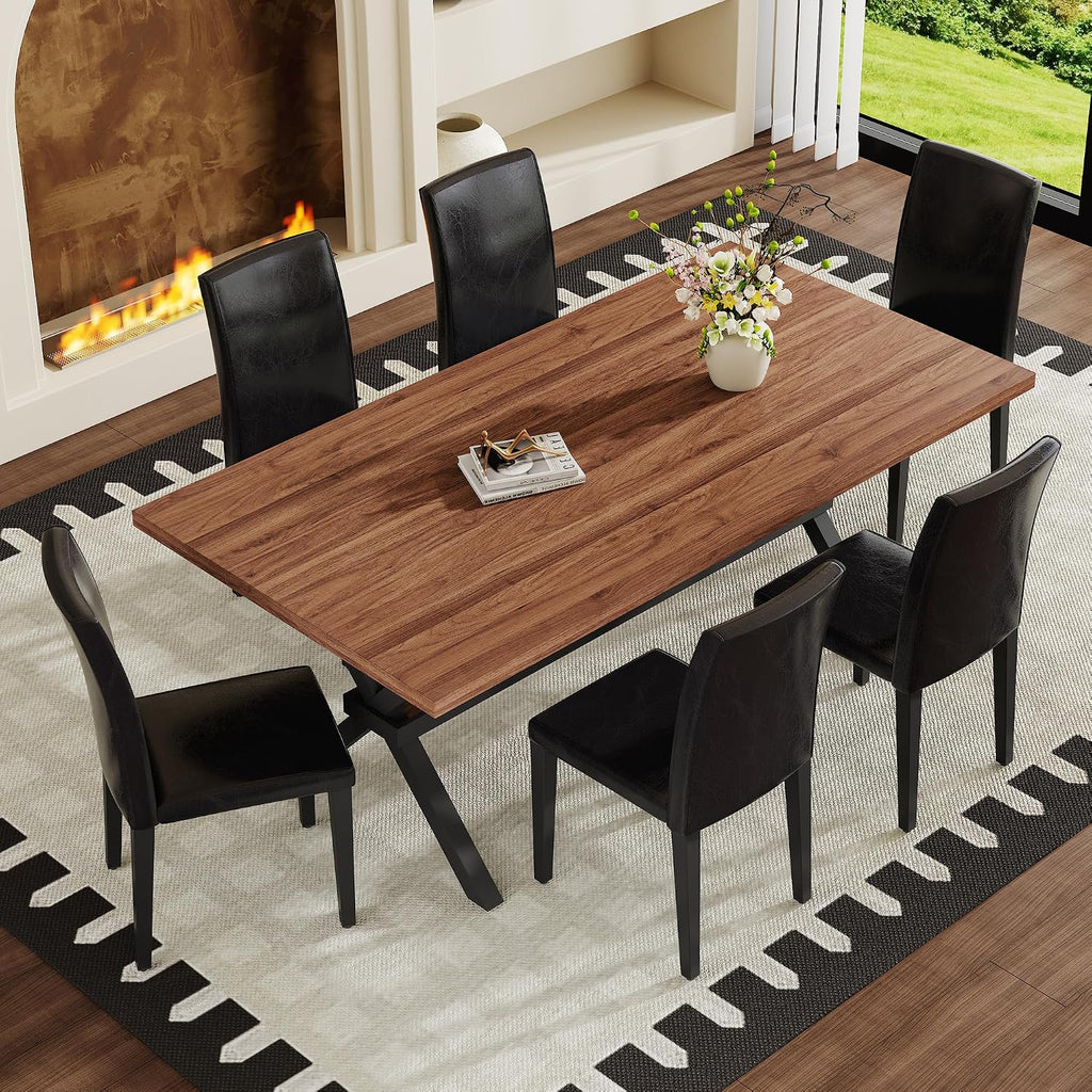 71" Farmhouse Dining Table Set for 6, 7 Piece Rectangular Kitchen Table and Chairs Set, Walnut Wood Grain Dining Room Table with Iron Legs & 6 Black Upholstered Chairs, Easy Assembly
