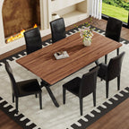 71" Farmhouse Dining Table Set for 6, 7 Piece Rectangular Kitchen Table and Chairs Set, Walnut Wood Grain Dining Room Table with Iron Legs & 6 Black Upholstered Chairs, Easy Assembly