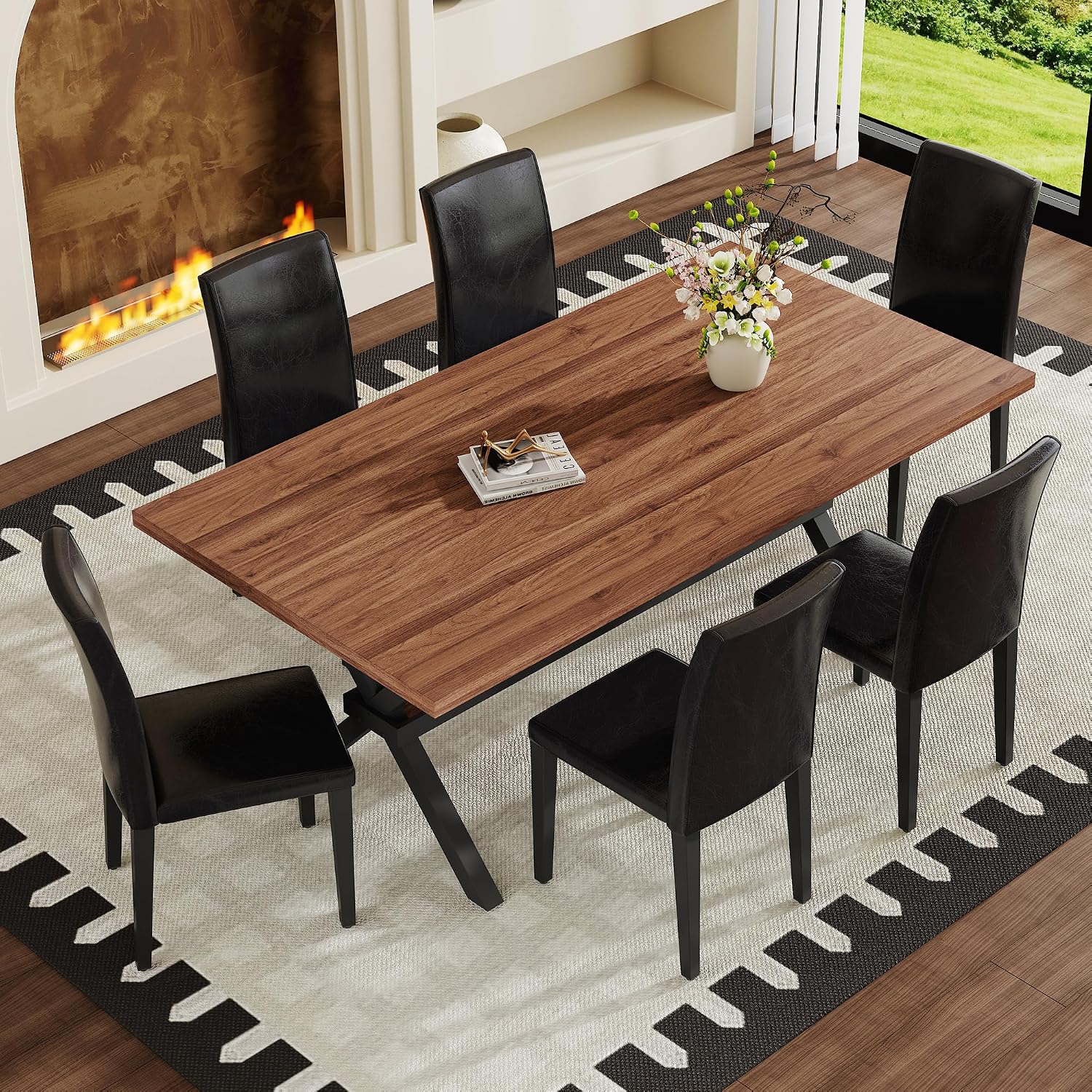 71" Farmhouse Dining Table Set for 6, 7 Piece Rectangular Kitchen Table and Chairs Set, Walnut Wood Grain Dining Room Table with Iron Legs & 6 Black Upholstered Chairs, Easy Assembly