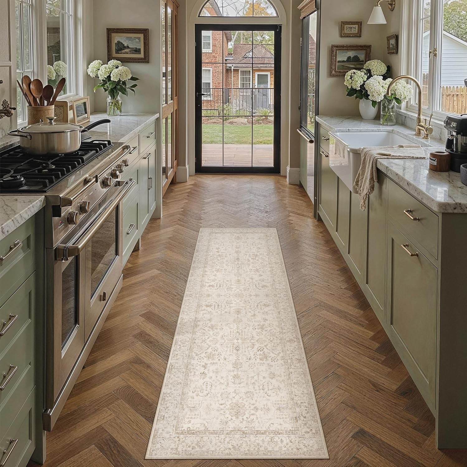 2x8 Beige Neutral Runner Rug for Kitchen Machine Washable Low Pile Carpet Vintage Accent Soft Non Slip Rug for Bathroom Decor Bedroom Nursery Indoor