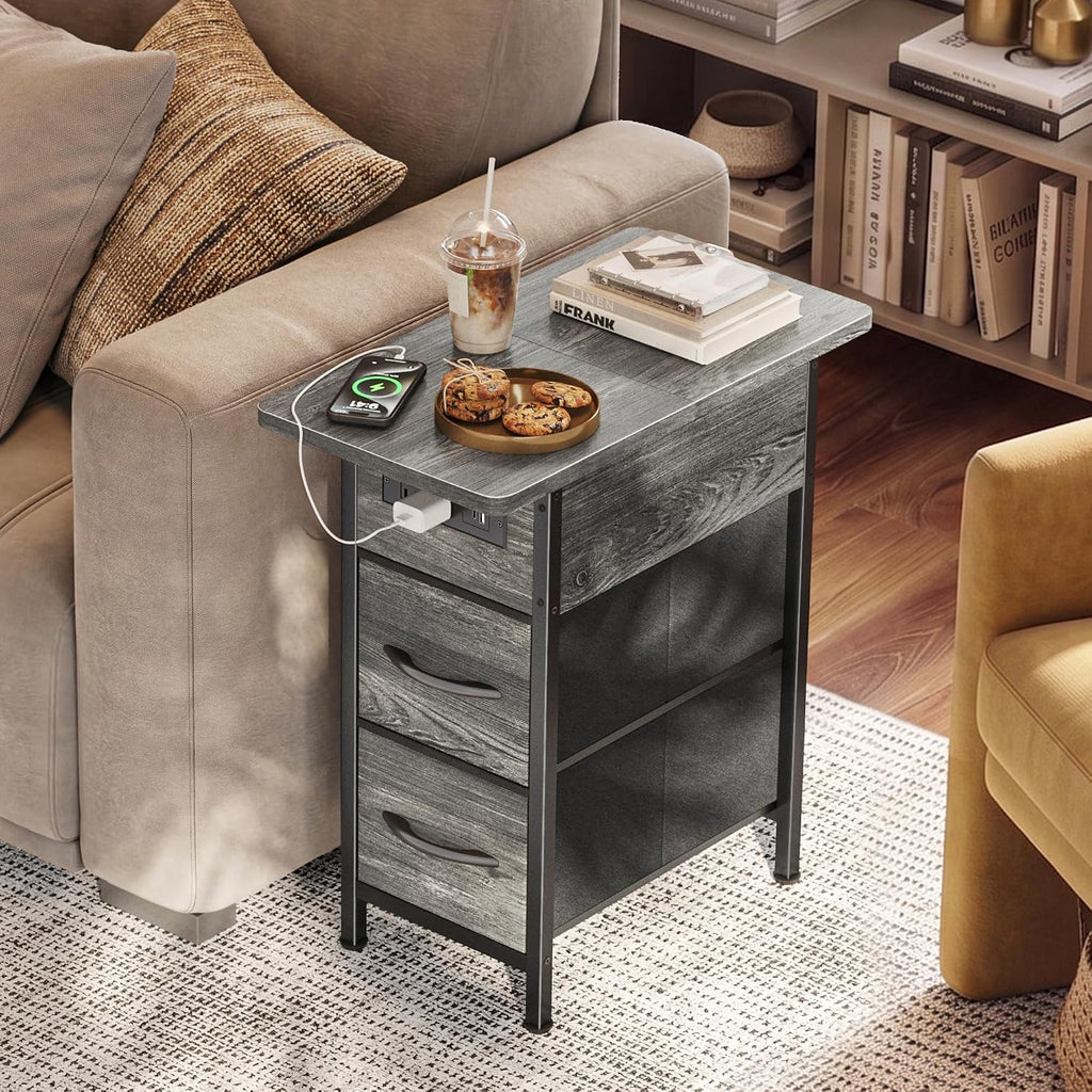 Huuger Narrow End Table with Charging Station, Flip Top Side Table with 2 Fabric Drawers, Slim Night Stand with USB-C Port for Small Spaces, Nightstand Bedside Couch Table, Living Room, Grey