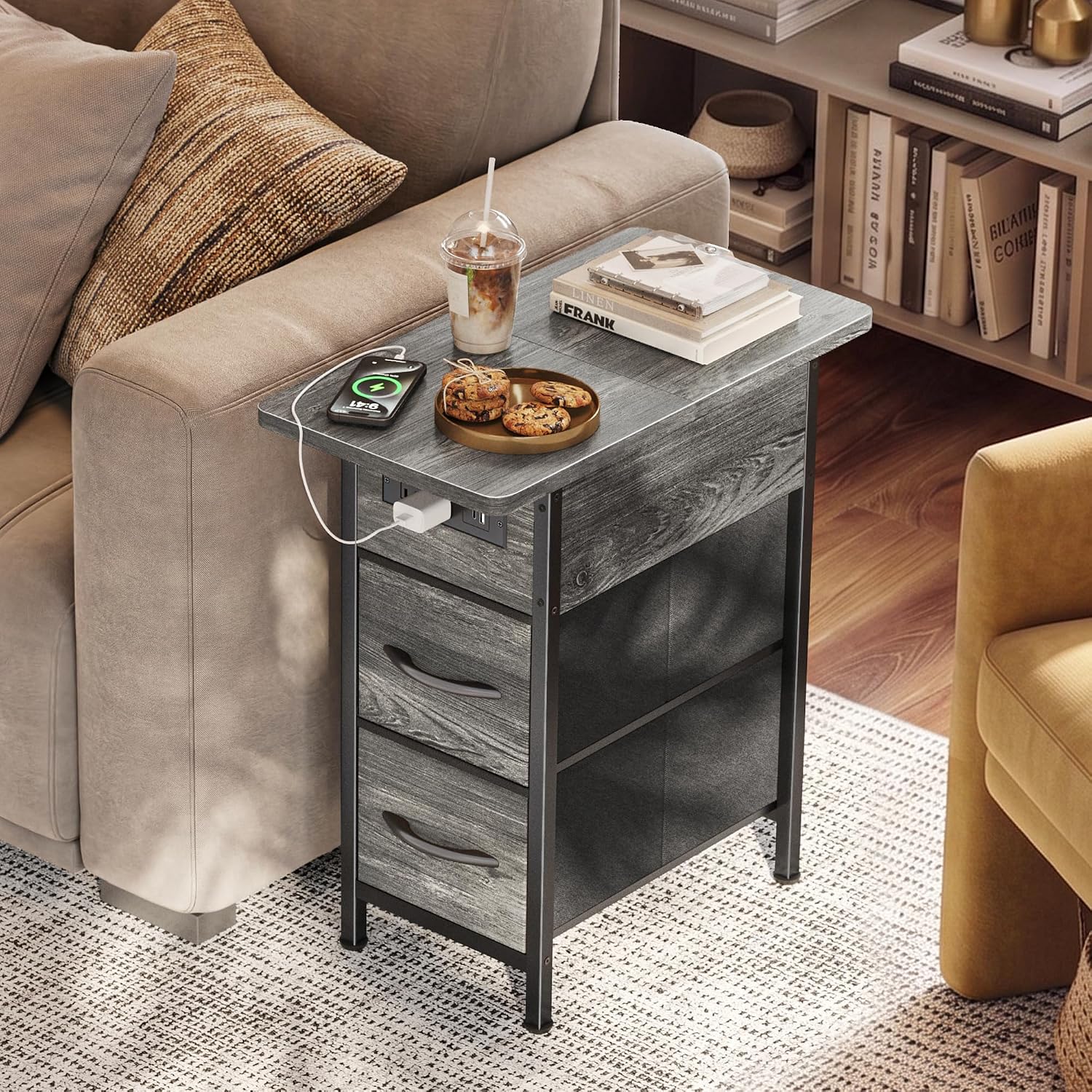 Huuger Narrow End Table with Charging Station, Flip Top Side Table with 2 Fabric Drawers, Slim Night Stand with USB-C Port for Small Spaces, Nightstand Bedside Couch Table, Living Room, Grey