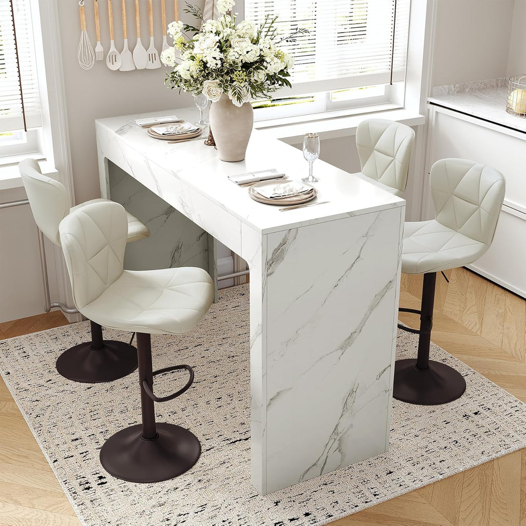 Miereirl Modern 3-Piece Bar Table Set, 55" Faux Marble Pub Dining Table with 2 Swivel Adjustable Barstools, PU Leather Counter Height Chairs with Footrest & Backrest for Kitchen, Dining Room