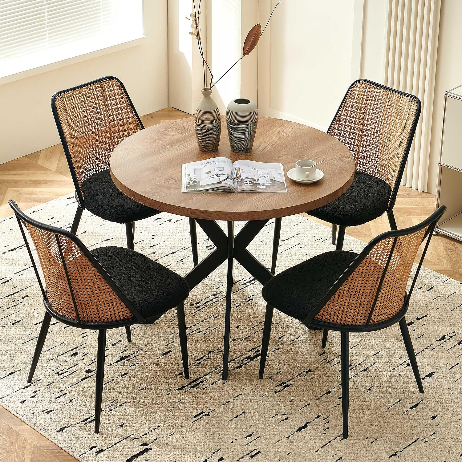 Homedot Modern Rattan Dining Chairs Black Set of 4, Upholstered Dining Room Chairs Boucle Woven Cane Kitchen Dining Accent Chairs for Reception Rooms, Restaurant