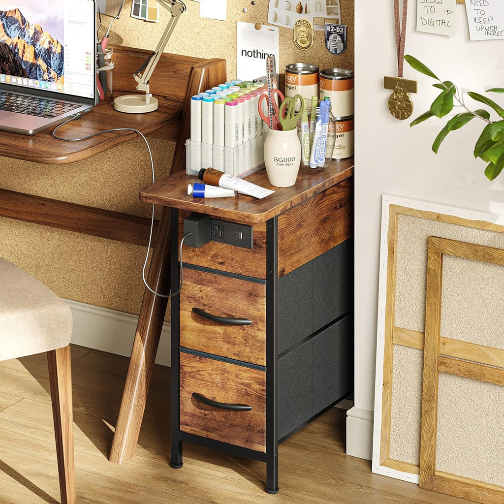 Huuger Narrow End Table with Charging Station, Flip Top Side Table with 2 Fabric Drawers, Slim Night Stand with USB-C Port for Small Spaces, Nightstand Bedside Couch Table, Living Room, Rustic Brown