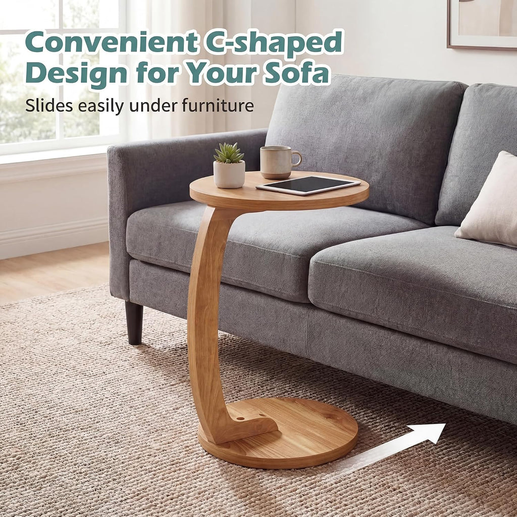 GOFLAME C-Shaped Round End Table, Solid Teak Wood Couch Sofa Side Table with 2 Tier Storage Shelves, Farmhouse TV Tray, Narrow Compact Bedside Nightstand for Living Room, Bedroom, Natural (1)