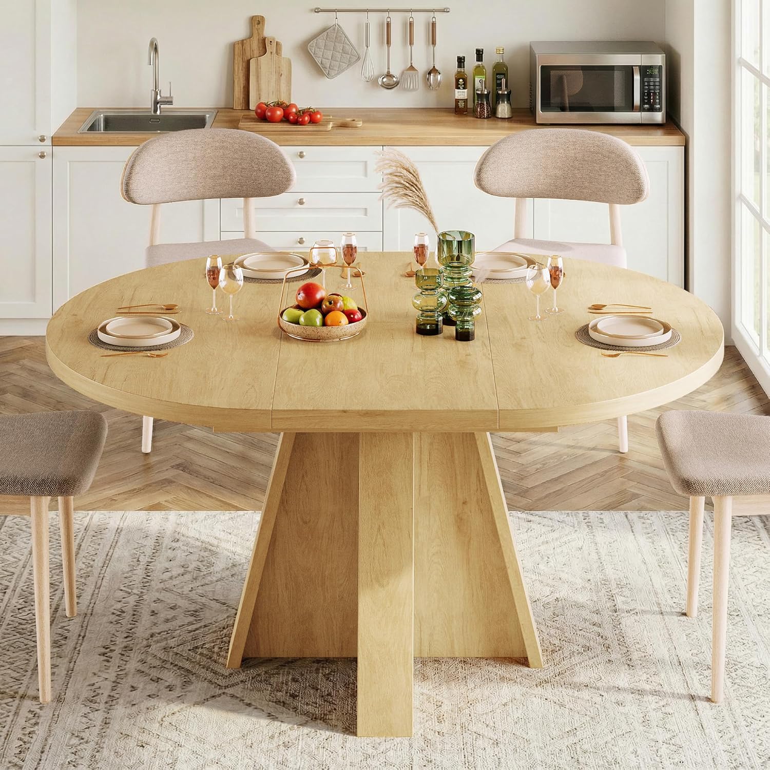 iPormis 43.3in-59in Extendable Round Dining Table for 4-6, Modern Wooden Kitchen Table for Dining Room, Adjustable Size Oval Circle Dinner Tables Furniture for Kitchen Living Room, Natural