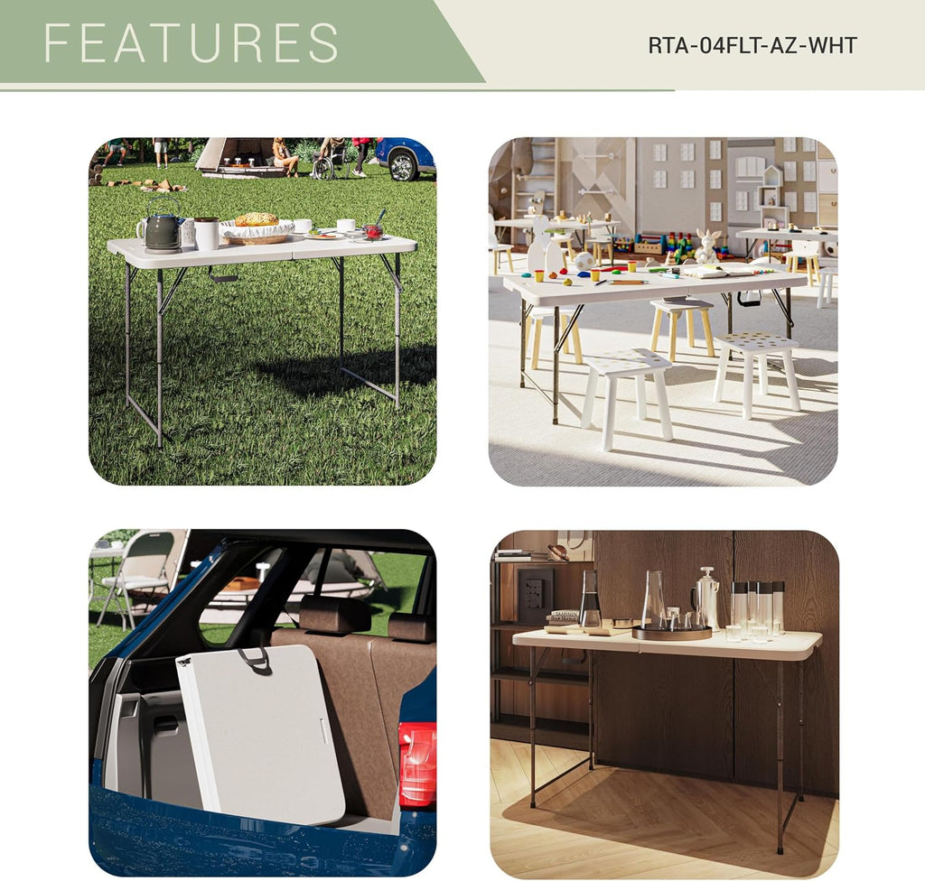 Height Adjustable 4 FT Granite White Folding Table – Premium 4 Foot Folding Table Ideal for Camping, Picnic, Party or as Kids Table
