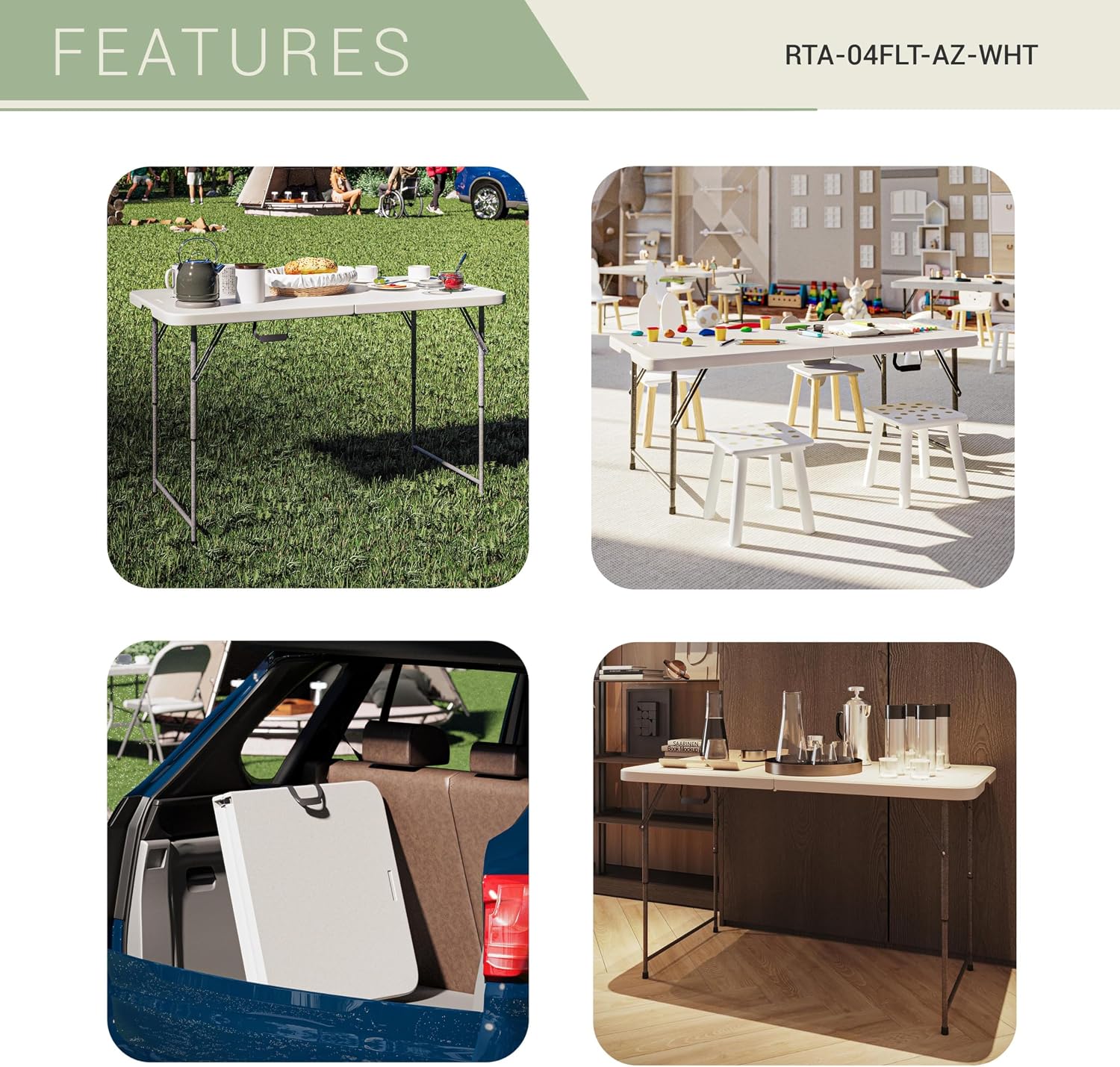 Height Adjustable 4 FT Granite White Folding Table – Premium 4 Foot Folding Table Ideal for Camping, Picnic, Party or as Kids Table