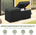 Yaheetech Wicker Ottomans, Set of 2 Patio PE Rattan Side Tables with Hidden Storage & Removable Cushion, Outdoor/Indoor Footstools, Additional Seating for Garden/Balcony/Yard, Black/Gray