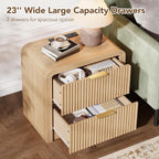 Decofy 23'' Wide Fluted Nightstand Set of 2 with Charging Station, Oak | Beside Table with Drawers & Open Shelf, Mordern Large Night Stand with Curved Corners, Wood End Table for Bedroom