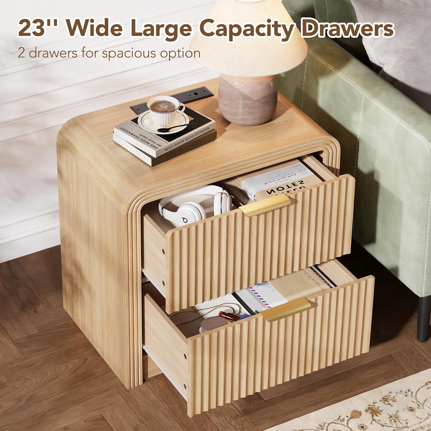 Decofy 23'' Wide Fluted Nightstand Set of 2 with Charging Station, Oak | Beside Table with Drawers & Open Shelf, Mordern Large Night Stand with Curved Corners, Wood End Table for Bedroom