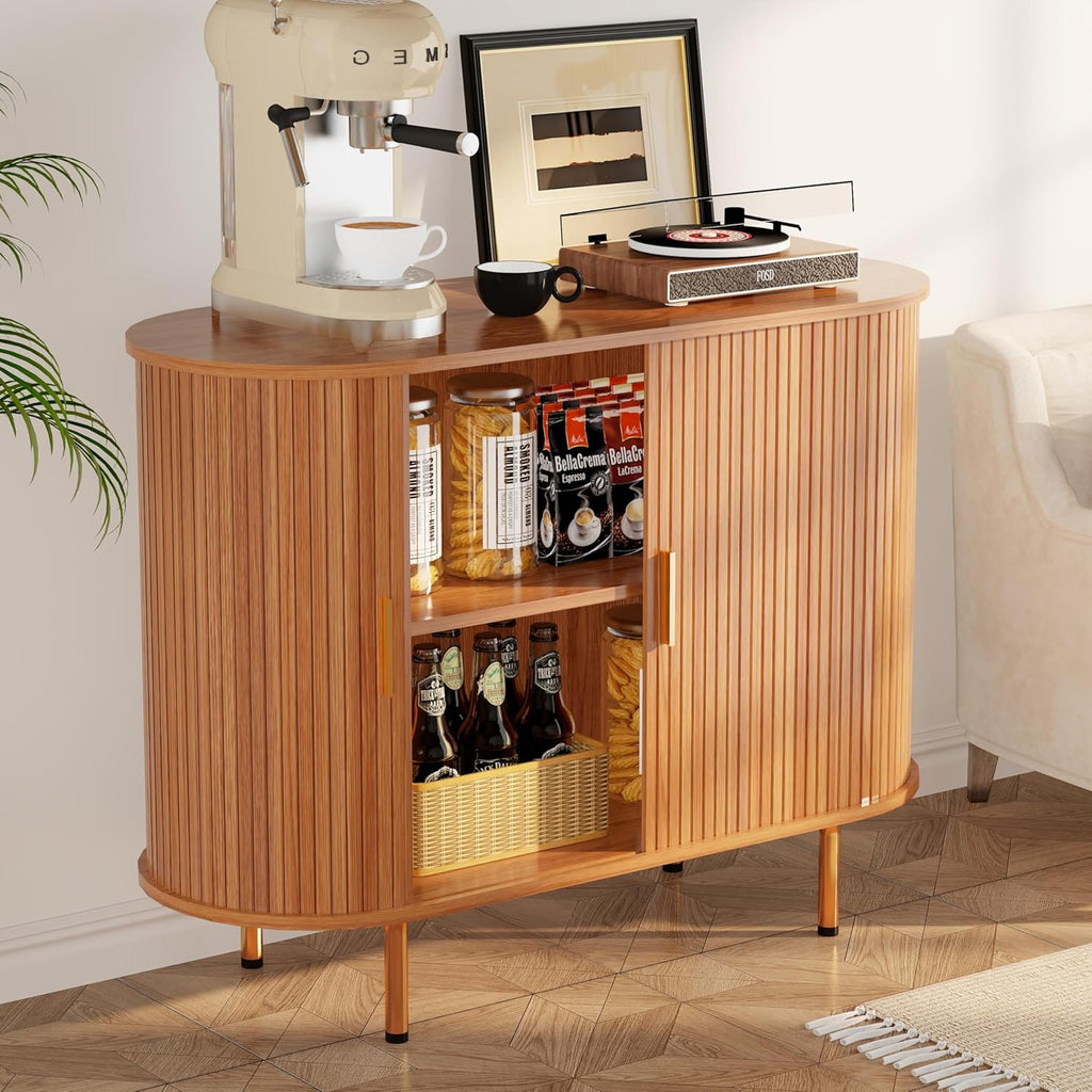 Sideboard Buffet Cabinet with Storage, 40 Inch Mid Century Modern Fluted Credenza with Sliding Door & Adjustable Shelf, Coffee Bar Cabinet for Kitchen, Living Room, Entryway