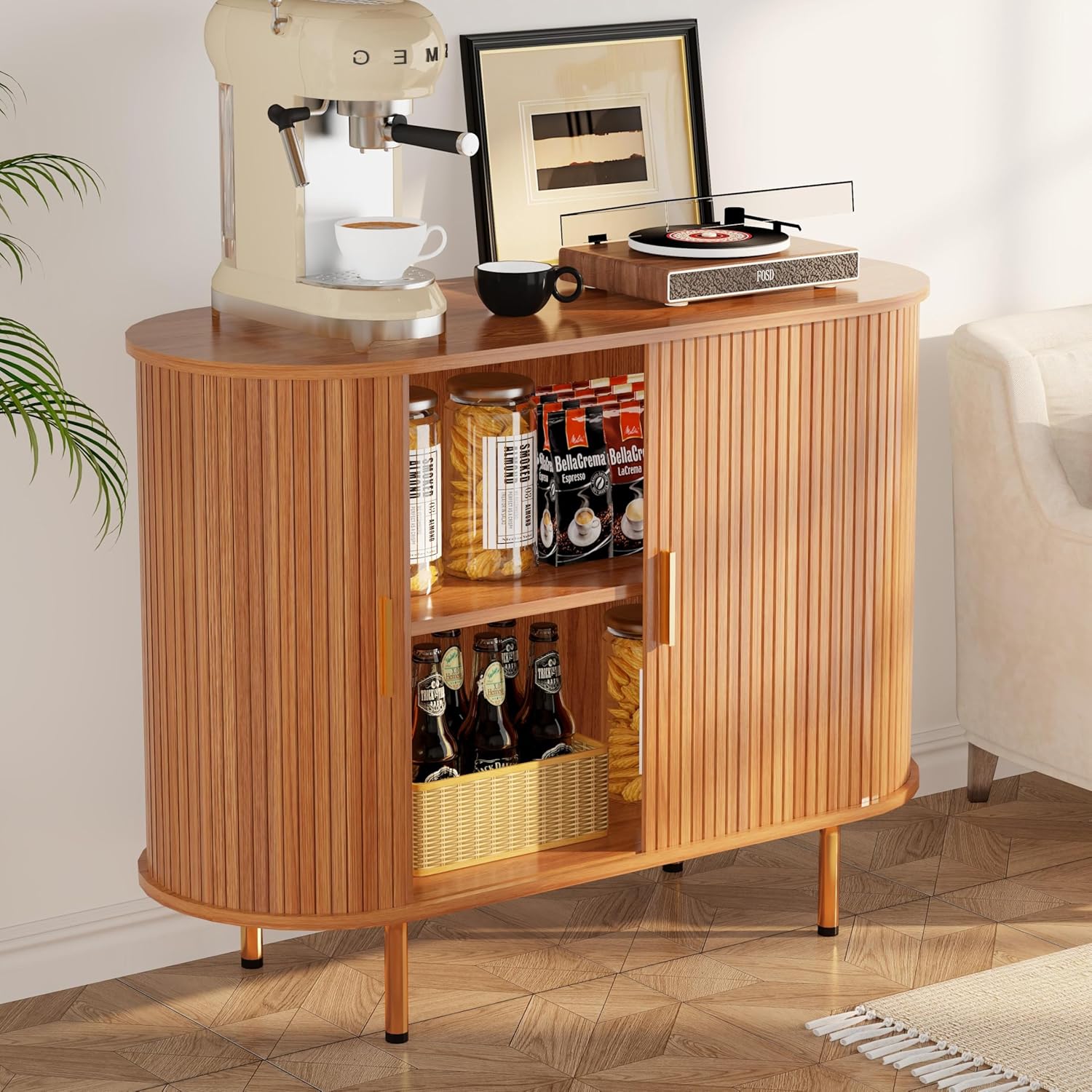 Sideboard Buffet Cabinet with Storage, 40 Inch Mid Century Modern Fluted Credenza with Sliding Door & Adjustable Shelf, Coffee Bar Cabinet for Kitchen, Living Room, Entryway
