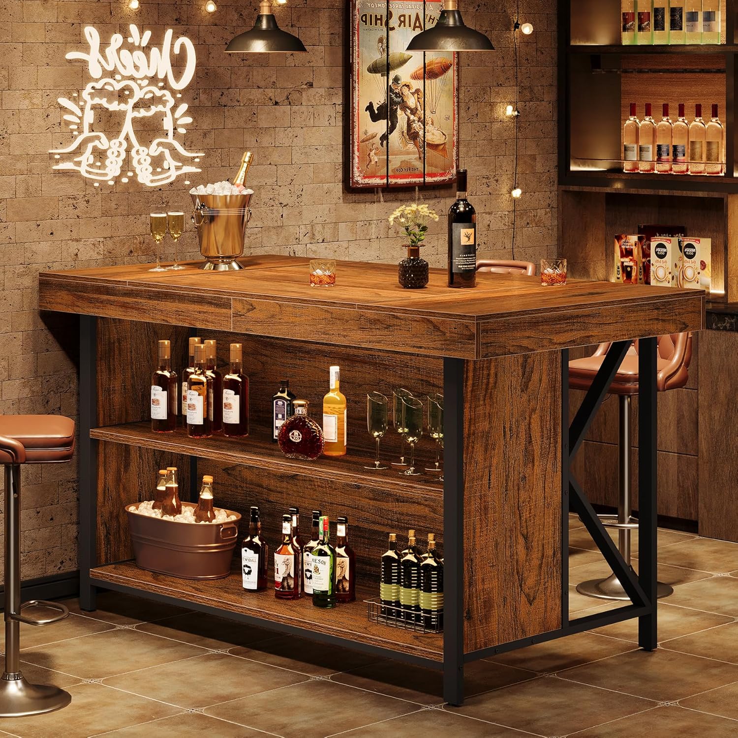 Tribesigns Large Kitchen Island with Storage, 55-Inch Wooden Stationary Island Table with Metal Frame, 3-Tier Industrial Center Bar Table with Thickened Countertop for Kitchen, Dining Room, Brown