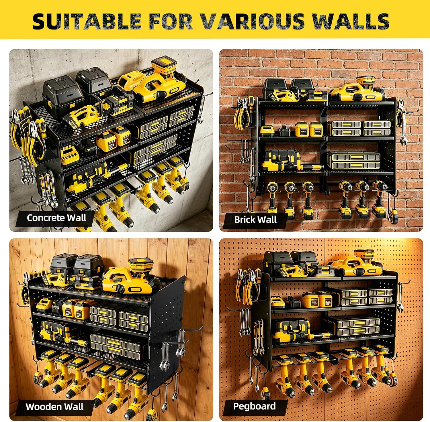 Power Tool Organizer Wall Mount, 4 Tier Heavy Duty Tool Storage Rack, 400 LBS Capacity with Drill Tools Holder & Hooks, Tool Organizers and Storage for Garage, Warehouse, Workshop, Gifts for Men