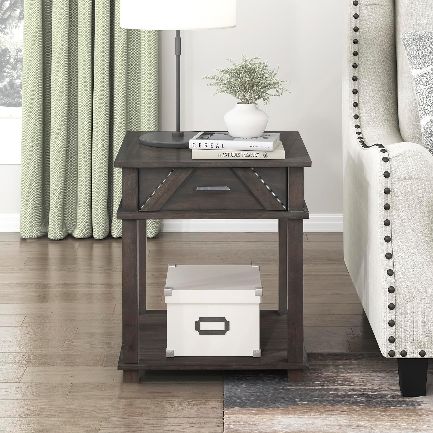 Lexicon Rectangle Wood End Table with Drawer and Lower Open Shelf, Pine Wood Veneer Small Side Table for Contemporary Living Room/Bedroom, Easy Assembled, Brown