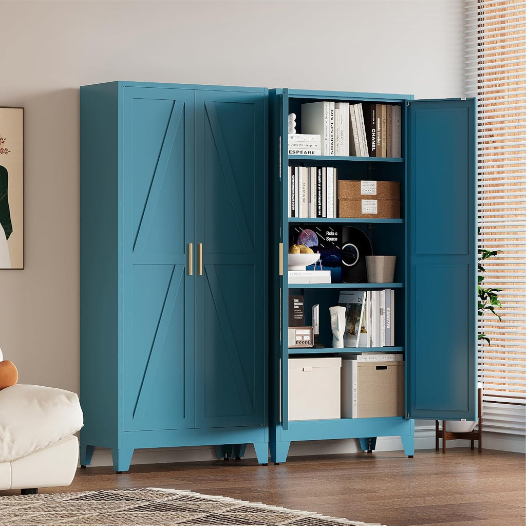 71”H Metal Kitchen Pantry Cabinet, Pantry Cabinets with 2 Doors and 4 Shelves, Kitchen Cabinet for Kitchen, Dining Room, Living Room and Bathroom, Blue