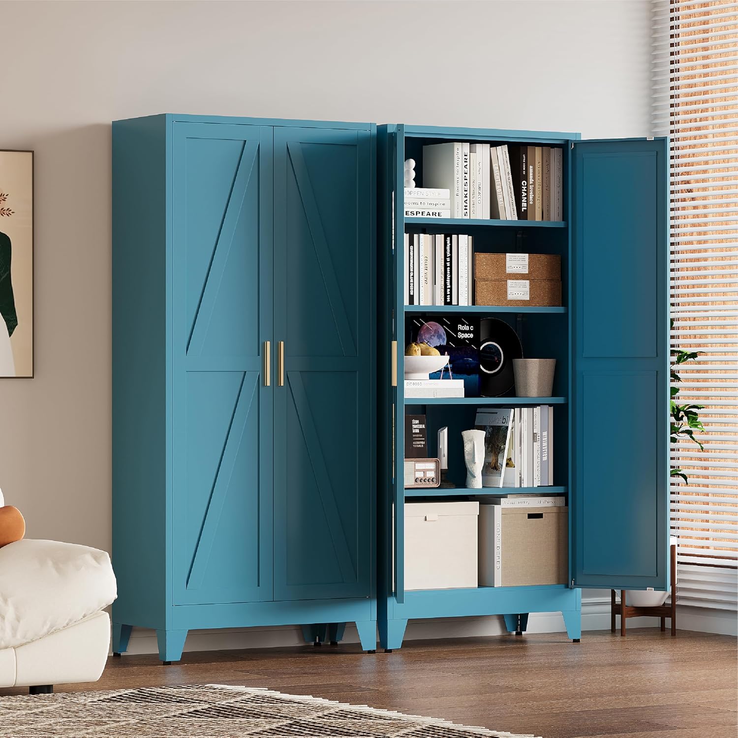 71”H Metal Kitchen Pantry Cabinet, Pantry Cabinets with 2 Doors and 4 Shelves, Kitchen Cabinet for Kitchen, Dining Room, Living Room and Bathroom, Blue