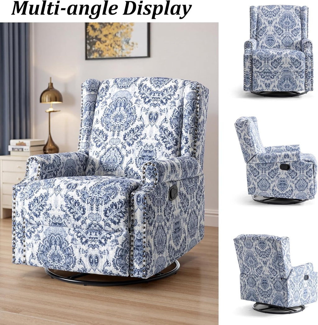 Swivel Rocker Recliner Chair Set of 1, Manual Nursery Glider Recliner, Floral Fabric Wingback Accent Chair with Adjustable Backrest & Footrest for Small Spaces Living Room Bedroom -Navy Blue