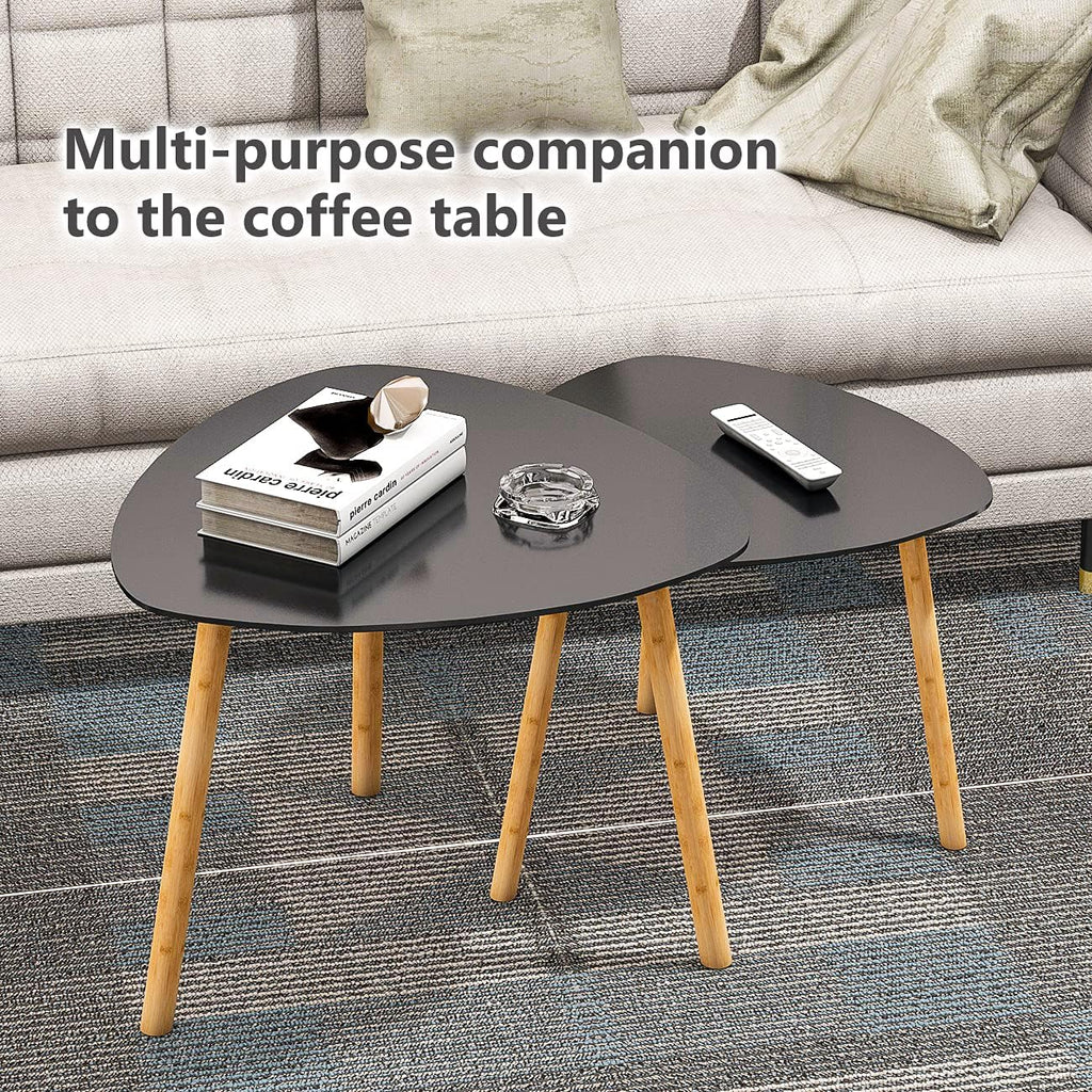 Bamboo Nesting Coffee Tables - Small Coffee Table for Living Room, Set of 2 Triangle End Table Modern Side Table for Bedroom Apartment Balcony Yard Small Spaces, (Black)