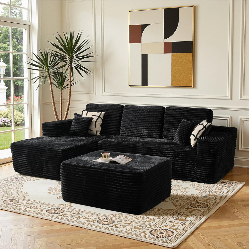 37" Square Cloud Couch Ottoman Footstool, Upholstered Foam Filling Footrest Ottomans for Couch,Large Seat,Soft Fluffy Foot Stool for Living Room Bedroom, No Assembly Required,Black,Plush Corduroy