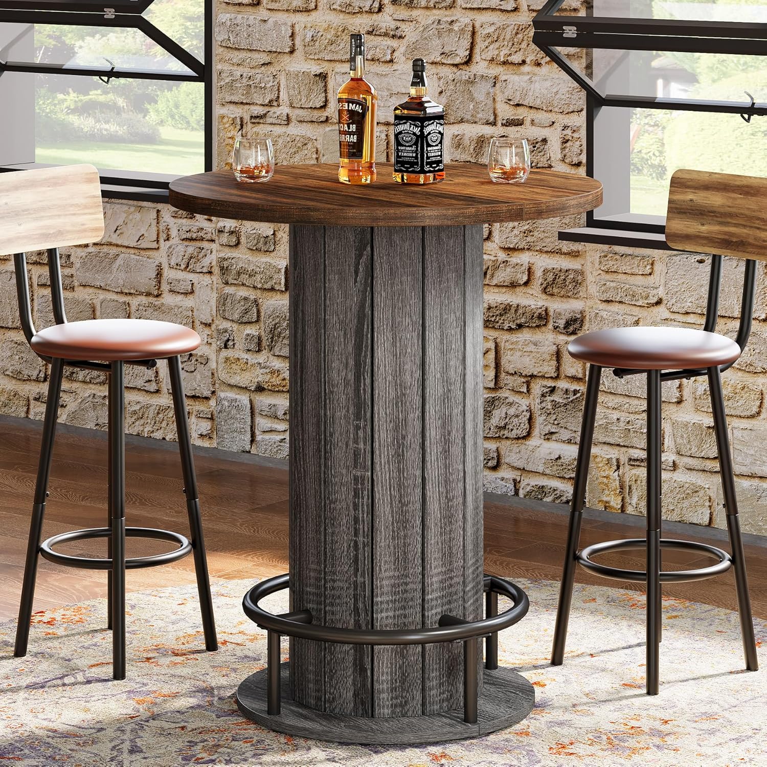 Tribesigns Round Bar Table, 39.4" H Wood Bistro Pub Table with Metal Ring Footrest for Dining Coffee Cocktail Living Room, Small Space, Brown & Gray (Only Table)