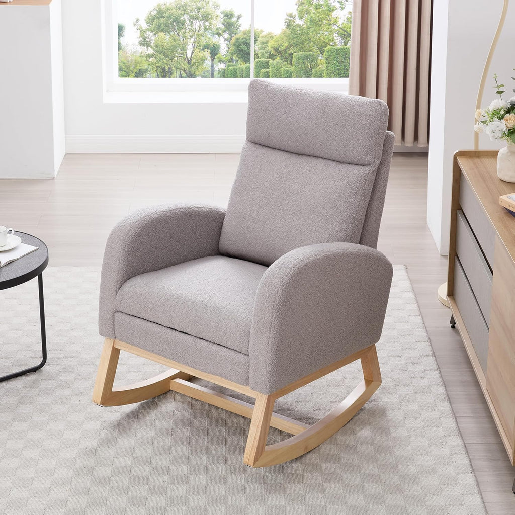 Rocking Chair, Nursery Rocking Chair, Teddy Fabric Accent Chair with Adjustable Footrest, Headrest, Side Pocket, Solid Wood Base, Light Gray