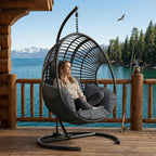 Hanging Egg Chair with Stand – 400 Lbs Capacity Patio Swing, Weatherproof PE Rattan & 8-Inch Thick Cushion, Swing Egg Chairs for Outdoor Garden, Balcony & Patio Use, Black