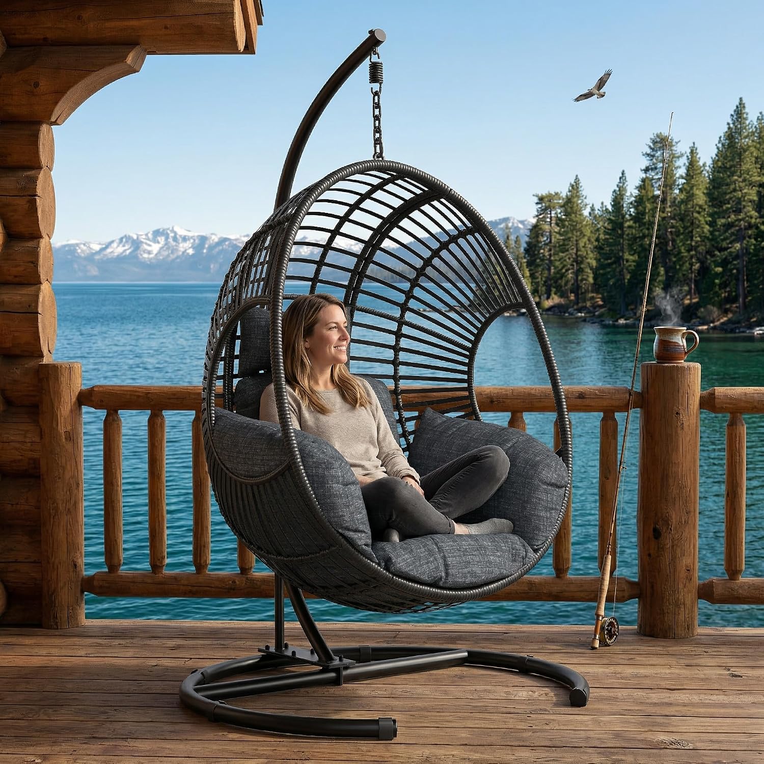 Hanging Egg Chair with Stand – 400 Lbs Capacity Patio Swing, Weatherproof PE Rattan & 8-Inch Thick Cushion, Swing Egg Chairs for Outdoor Garden, Balcony & Patio Use, Black