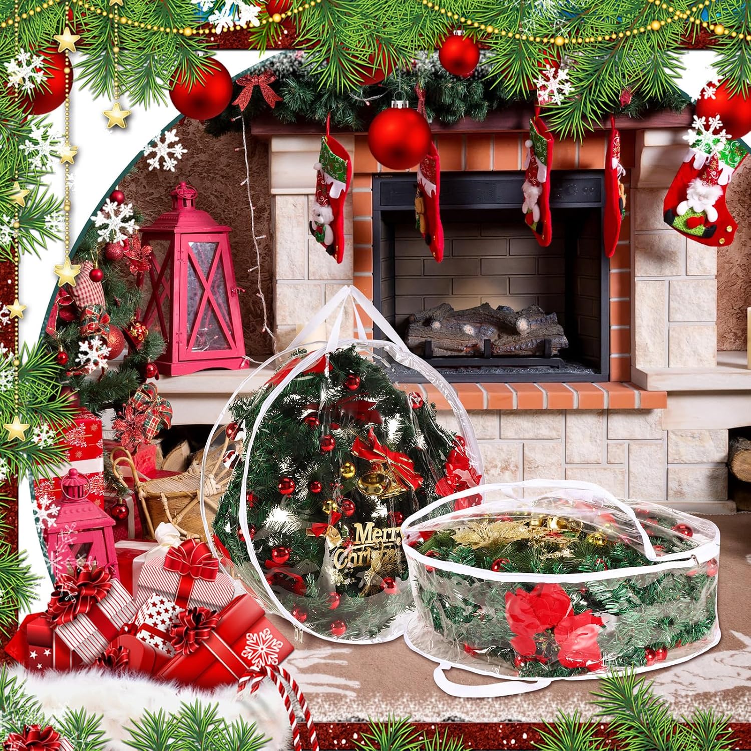 Shappy 4 Pieces Clear Christmas Wreath Storage Container 24 Inches Xmas Wreath Storage Bag Plastic Christmas Garland Container with Dual Zippers and Reinforced Handles for Xmas Seasonal (Clear)