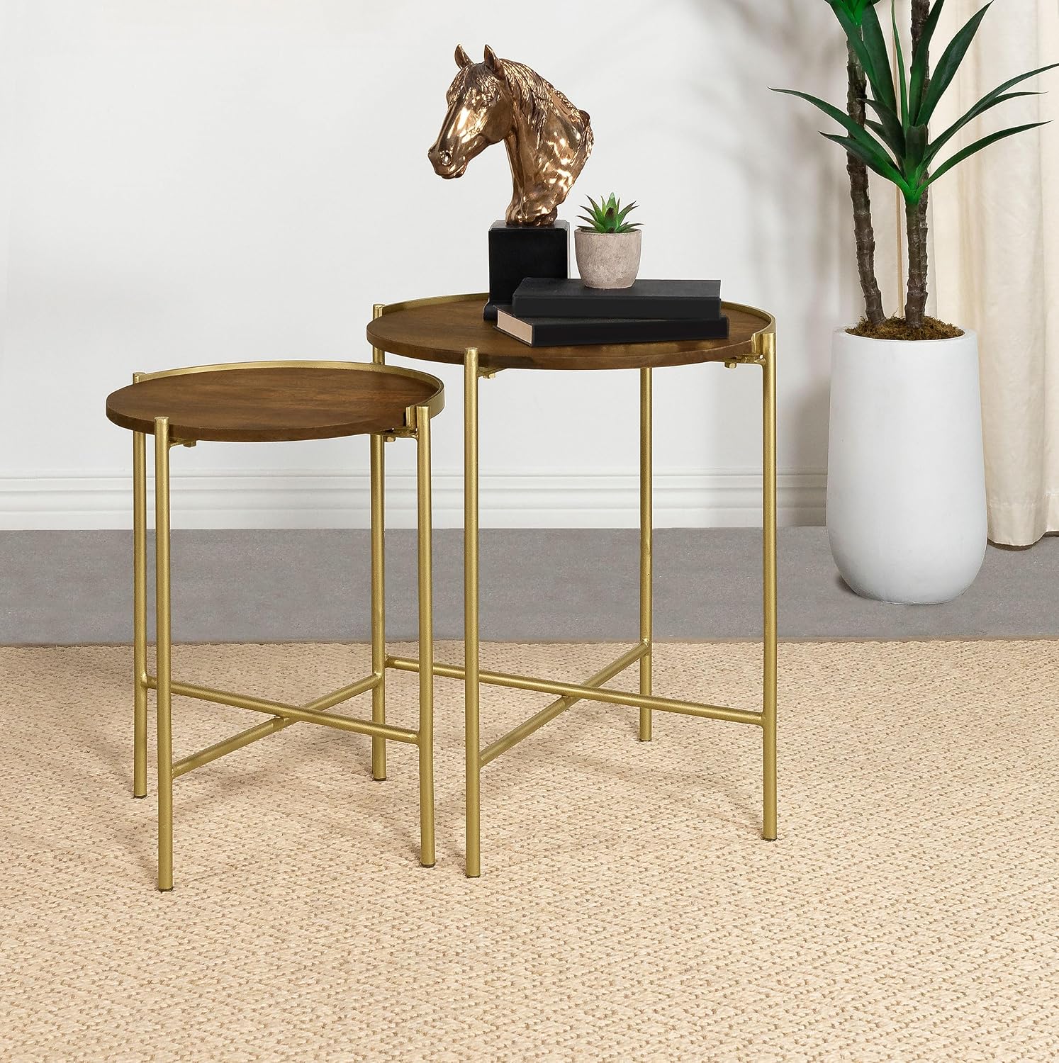 Coaster Home Furnishings - Malka - 2-Piece Round Wood Nesting Table Set with Soft Gold Table Frame - Transitional - Living Room - Brown and Gold - 936168