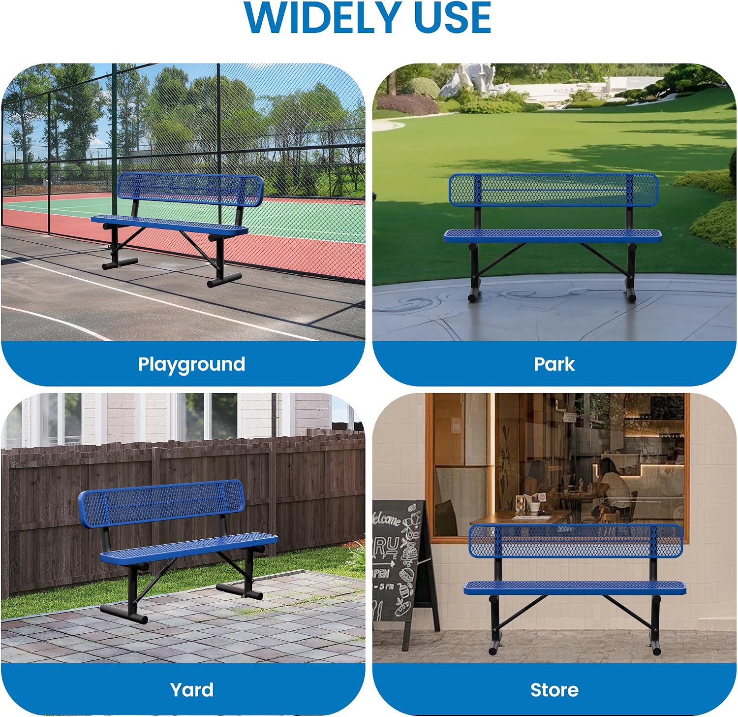 6 Feet Steel Park Bench for Outside, Outdoor Bench with Backrest & Portable Frame, Commercial Benches for Shopping Malls, Stores, Parks, Patios, Decks, Dark Blue