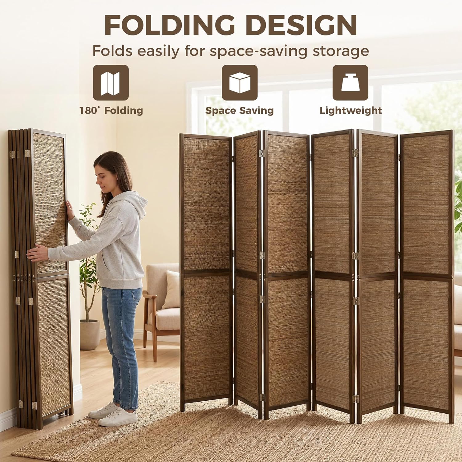 HOMCOM Room Divider, 6 FT Tall Folding Privacy Screen, 6 Panel Hand-Woven Bamboo Wall Partition for Room Separation, Portable Boho Freestanding Wall Divider for Bedroom, Home Office, Brown