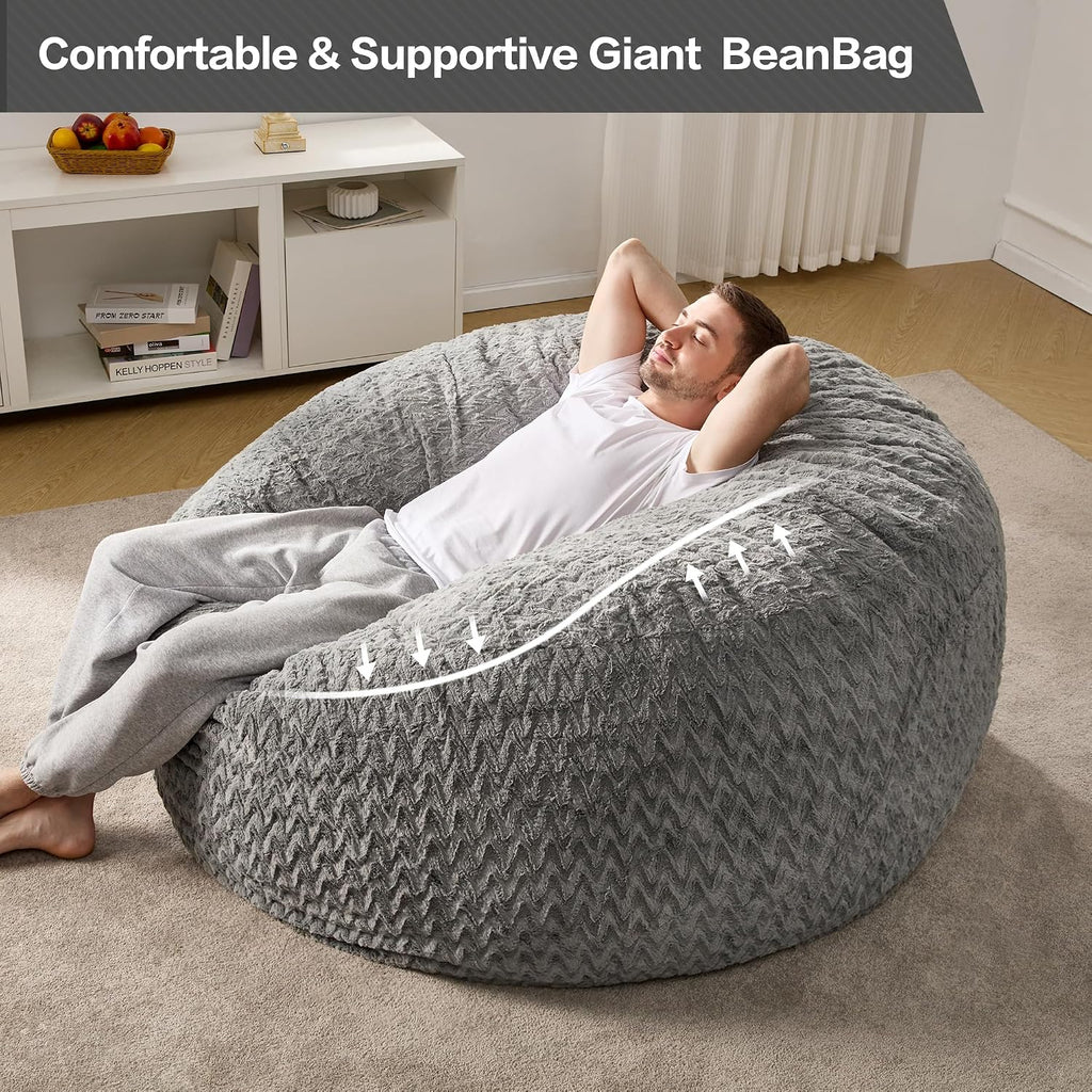 Hobestluk Bean Bag Chair Large Washable Soft Living Room Adult 5Ft Grey | No Assembly Required Memory Foam Filling Machine Washable Cover Bedroom Dorm Reading Gaming Fluffy Plush Faux Fur Fabric