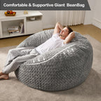 Hobestluk Bean Bag Chair Large Washable Soft Living Room Adult 5Ft Grey | No Assembly Required Memory Foam Filling Machine Washable Cover Bedroom Dorm Reading Gaming Fluffy Plush Faux Fur Fabric