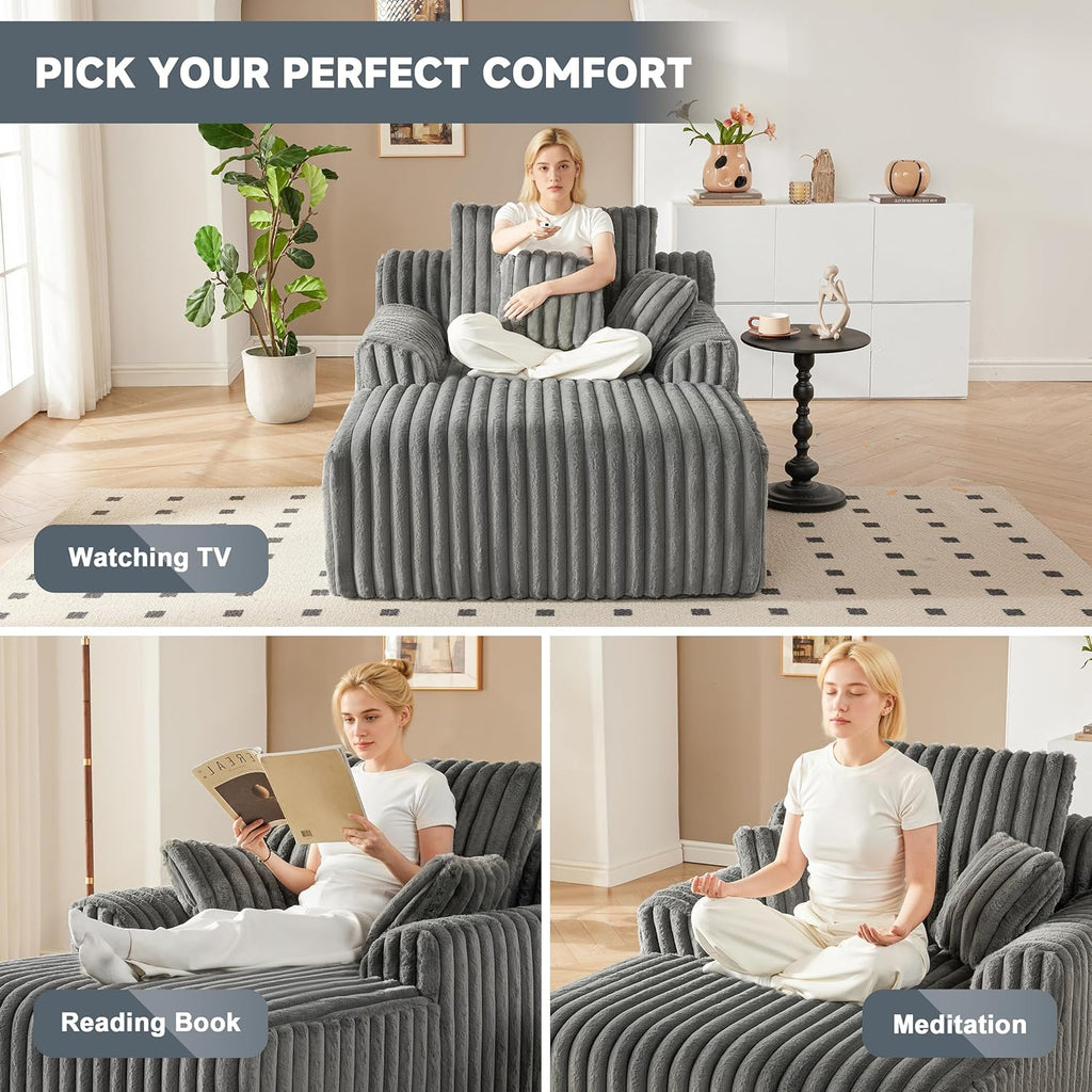 Mangodan 63" Oversized Chaise Lounge Chair Indoor, Boneless Couch Chair with 3 Pillows, Comfy Reading Chair with Wide Arms, No Assembly Required Corduroy Couch, Sleeper Sofa for Living Room, Gray