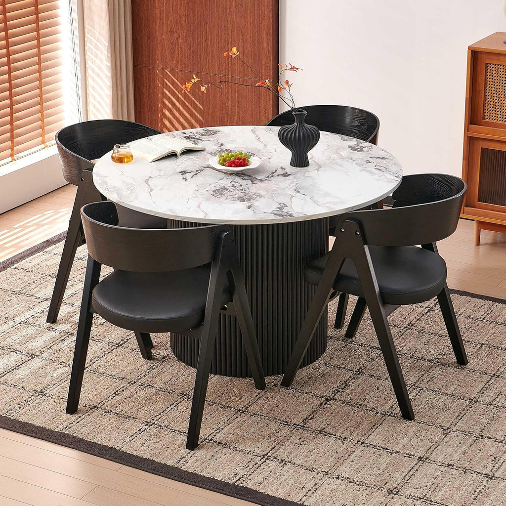 NORDICANA 47 Inch Round Dining Table, Modern Kitchen Dinner Table for 4–6 People, MDF Core, Two-Part Wood Table Top White with Black Strip Columns Base, Table only