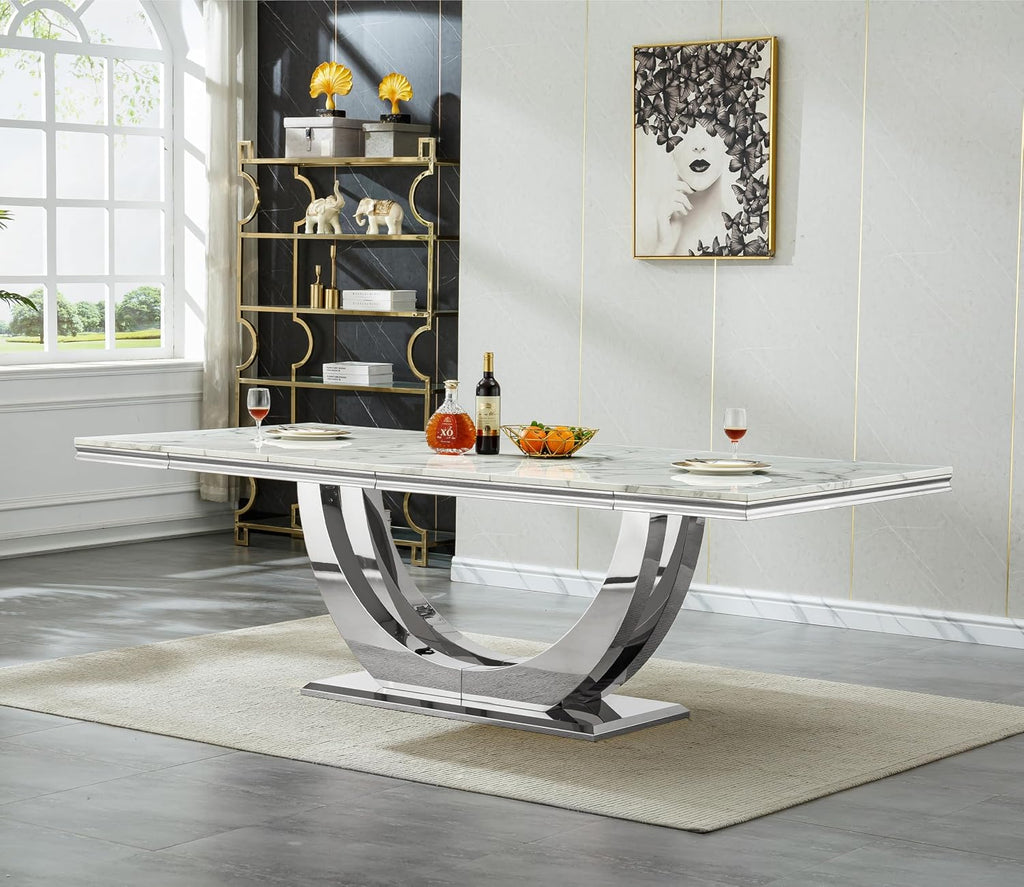 94.5" Large Dining Table for 10-12 People, Modern White Rectangle Kitchen Dinner Table w/Faux Marble Top&Silver Steel U-Base, Extral Long Dining Room Tables for Kitchen Living Room