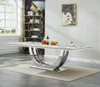 9-Piece Modern Dining Table Set with 8 Chairs, 94.5" Large Marble Kitchen Table & Grey Upholstered Chairs Set for 8, White Dining Room Table Set with Silver Stainless Steel Frame & Faux Mable Top