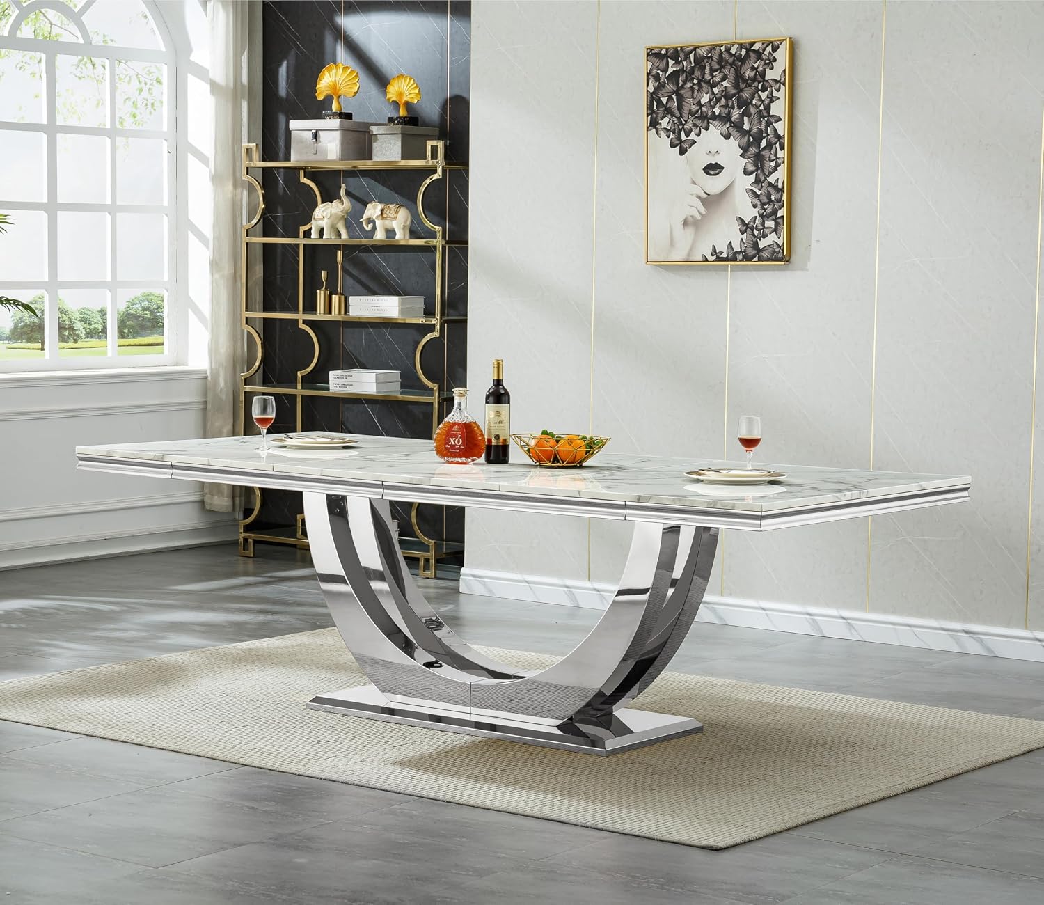 9-Piece Modern Dining Table Set with 8 Chairs, 94.5" Large Marble Kitchen Table & Grey Upholstered Chairs Set for 8, White Dining Room Table Set with Silver Stainless Steel Frame & Faux Mable Top