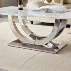 Henf Modern 50" Coffee Table White Faux Marble Center Table with Silver Mirrored Stainless Steel Base, Luxury Accent Sofa Table for Living Room Apartment (White & Silver)