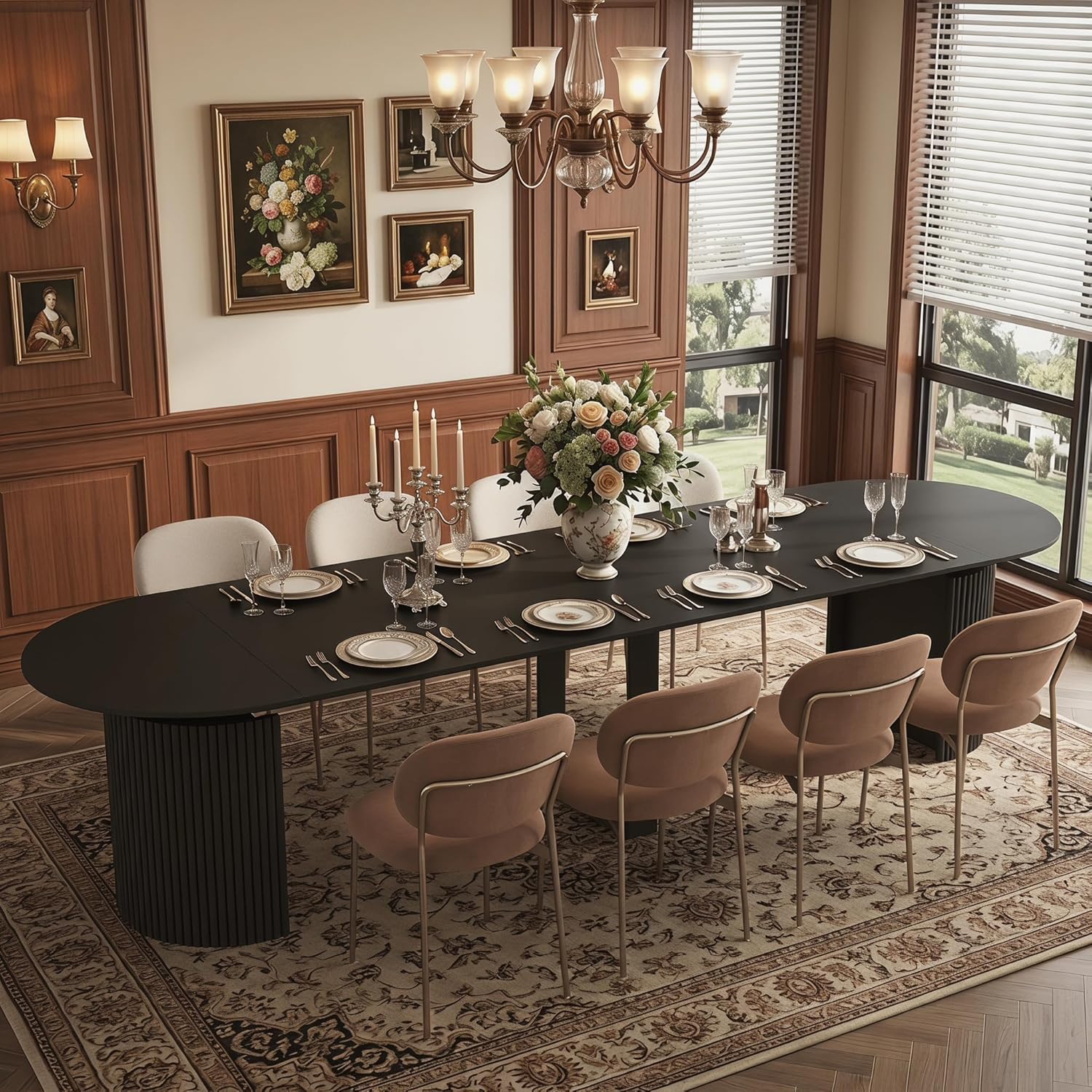 44"-132" Long Round Extendable Dining Table for 4-12, Farmhouse Oval Expandable Dinner Kitchen Table with Fluted Base, Space Saving Mid Century Modern Dining Room Tables for Dining Living Room,Black