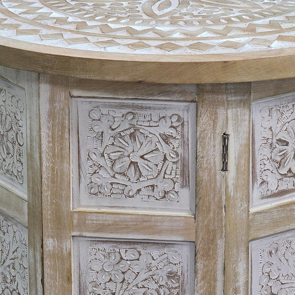 Benzara Accent Side Table, 18 Inch Round Mango Wood Top, Hand Carved Mandala Design, Natural Brown Finish, Rustic Accent End Table for Living Room, Bedroom, Entryway and Home Decor Display