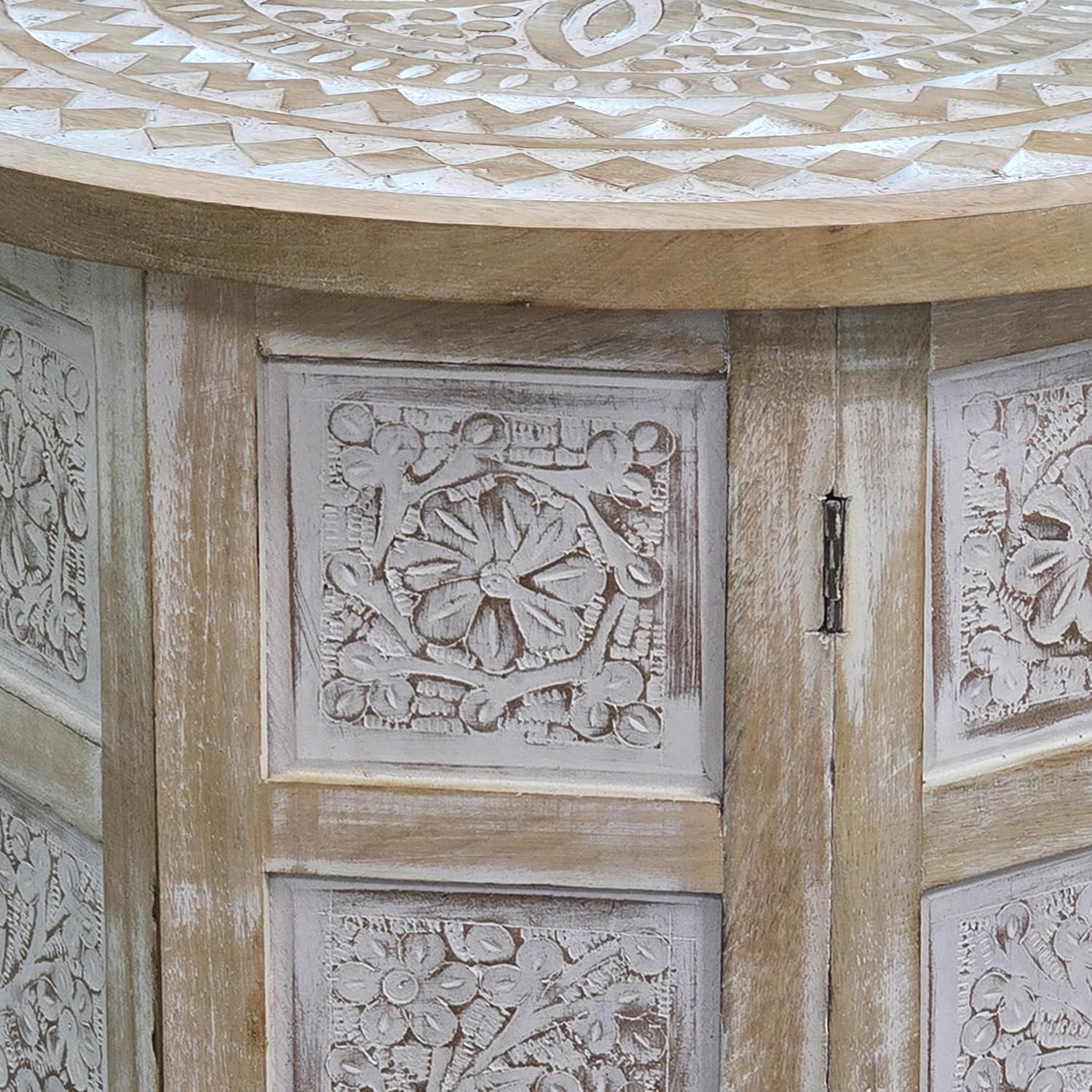Benzara Accent Side Table, 18 Inch Round Mango Wood Top, Hand Carved Mandala Design, Natural Brown Finish, Rustic Accent End Table for Living Room, Bedroom, Entryway and Home Decor Display