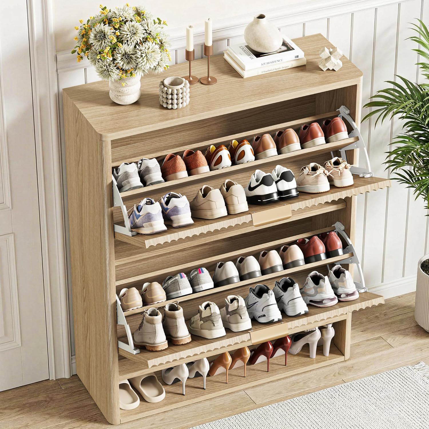 IRONCK Fluted Shoe Storage Cabinet for Entryway with 2 Flip Drawers, Adjustable Shelves & Open Shelf, Narrow Wood Shoe Rack Cabinet, Freestanding Slim Shoe Organizer Cabinet, Oak