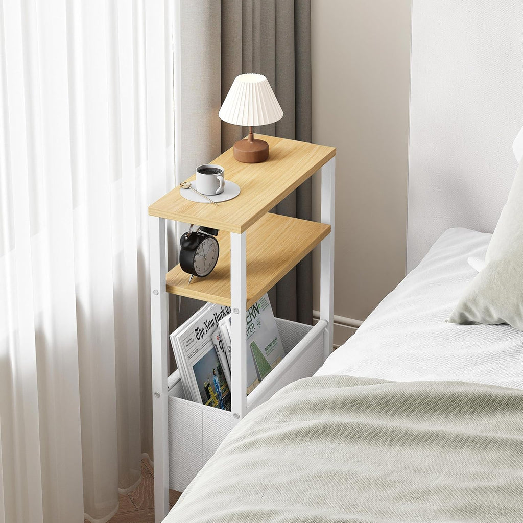 Narrow Side Table, Slim End Table with Magazine Rack, Skinny Bedside Table for Small Spaces, 3 Tier Sofa Couch Table Nightstand for Living Room, Bedroom, Natural LET503Y