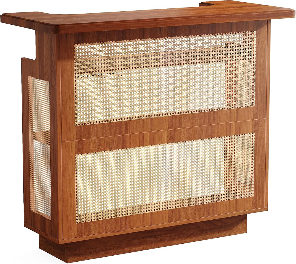 Tribesigns Rattan Home Bar Unit, Farmhouse 4-Tier Bar Table with 4 Stemware Racks and Heightened Base, Liquor Wine Bar Cabinet Mini Bar Table for Home Pub, Caramel Brown