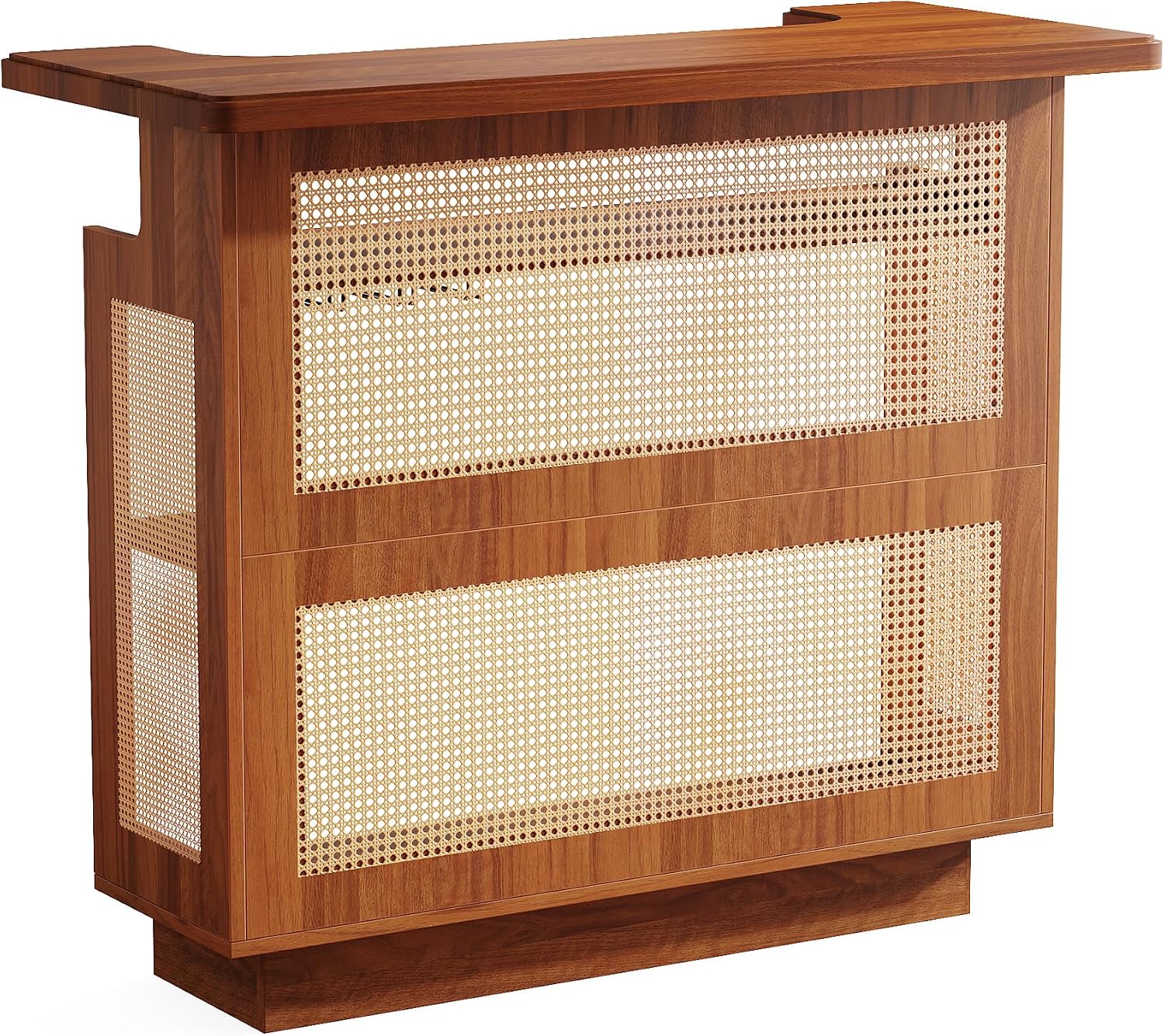 Tribesigns Rattan Home Bar Unit, Farmhouse 4-Tier Bar Table with 4 Stemware Racks and Heightened Base, Liquor Wine Bar Cabinet Mini Bar Table for Home Pub, Caramel Brown