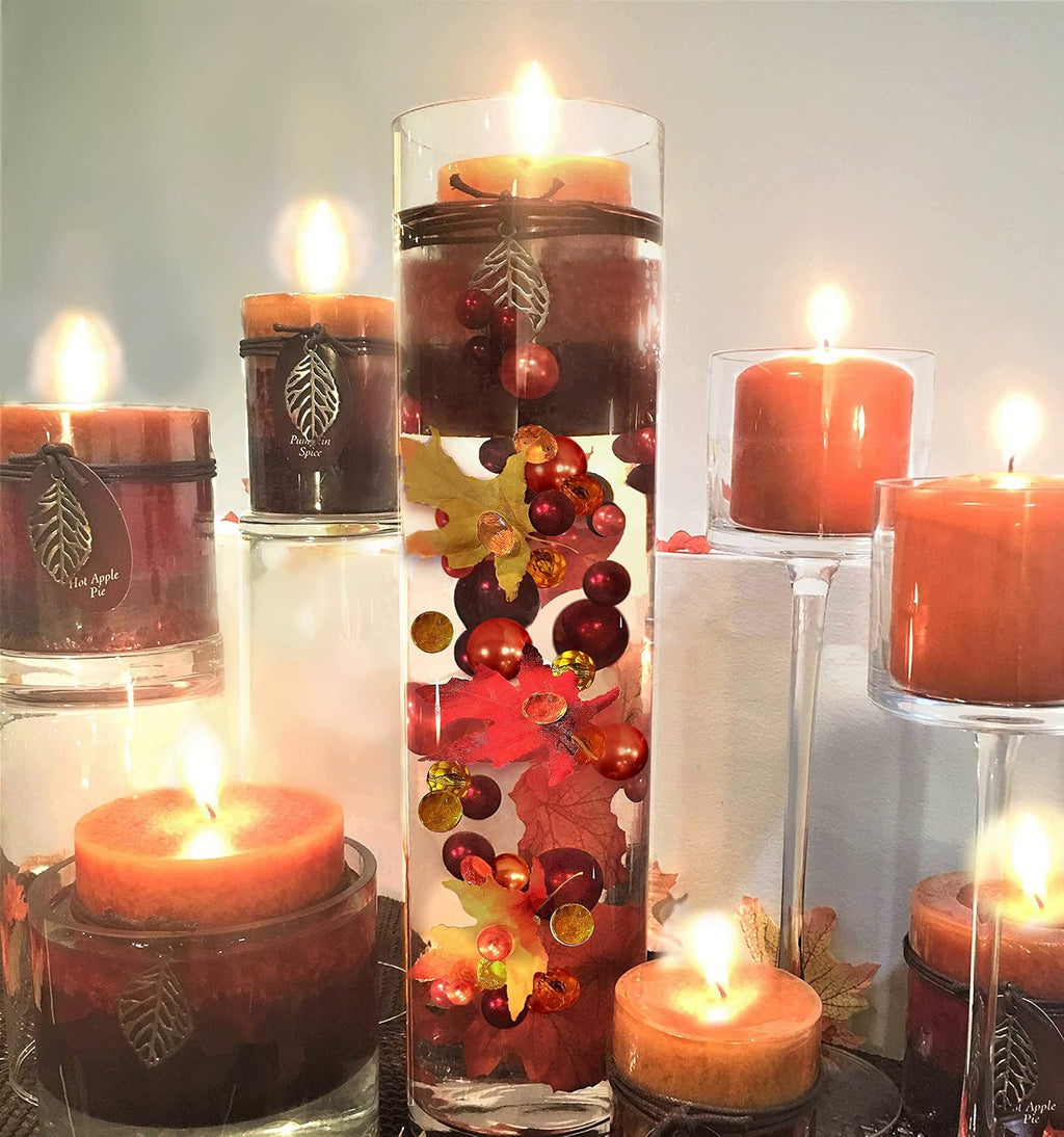Vase Pearlfection 50 Floating Realistic Shades of Fall Leaves- Pumpkins- Mums- Pearls- Large Sizes- Fills 1 Gallon of The Transparent Floating Gels with Pre-Measured Floating Gels Prep Bag